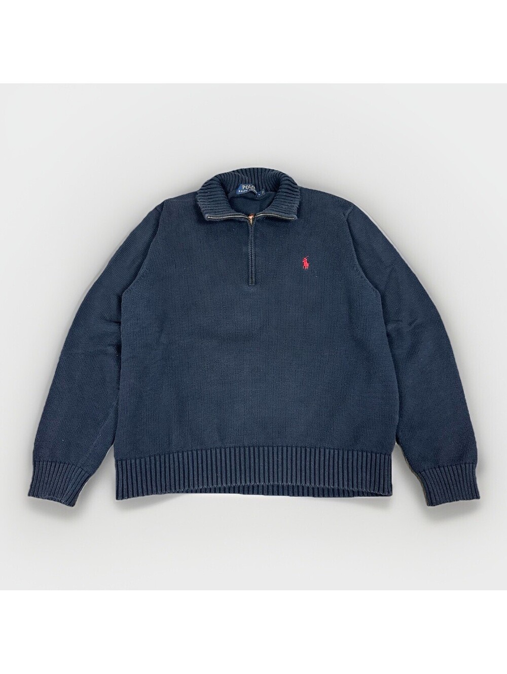 Polo Ralph Lauren Navy Blue Cotton 1/4 Zip Mock Neck Knit Men's Large Sweater